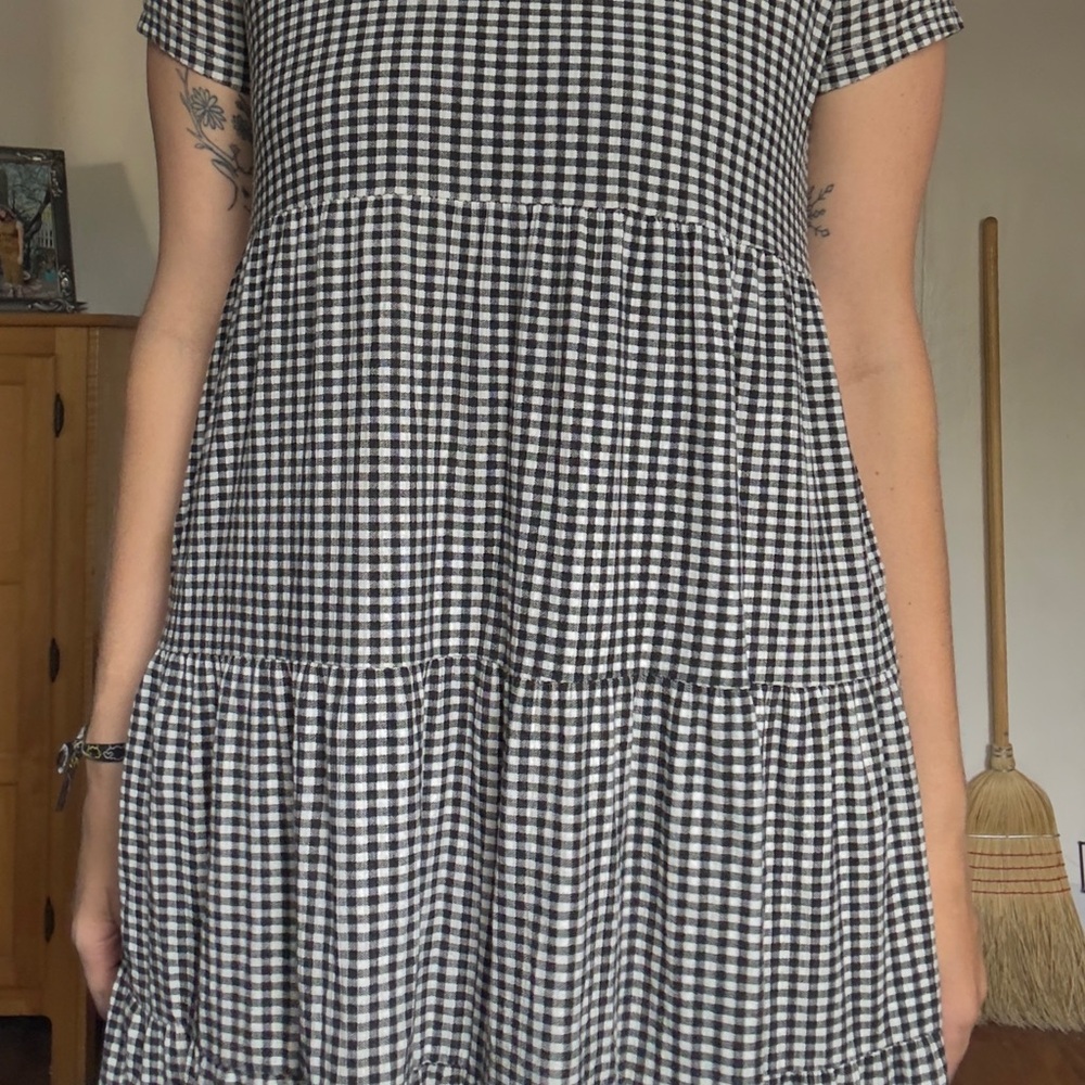 LOFT Black & White Gingham Check Short Sleeve Tiered Ribbed Dress - S